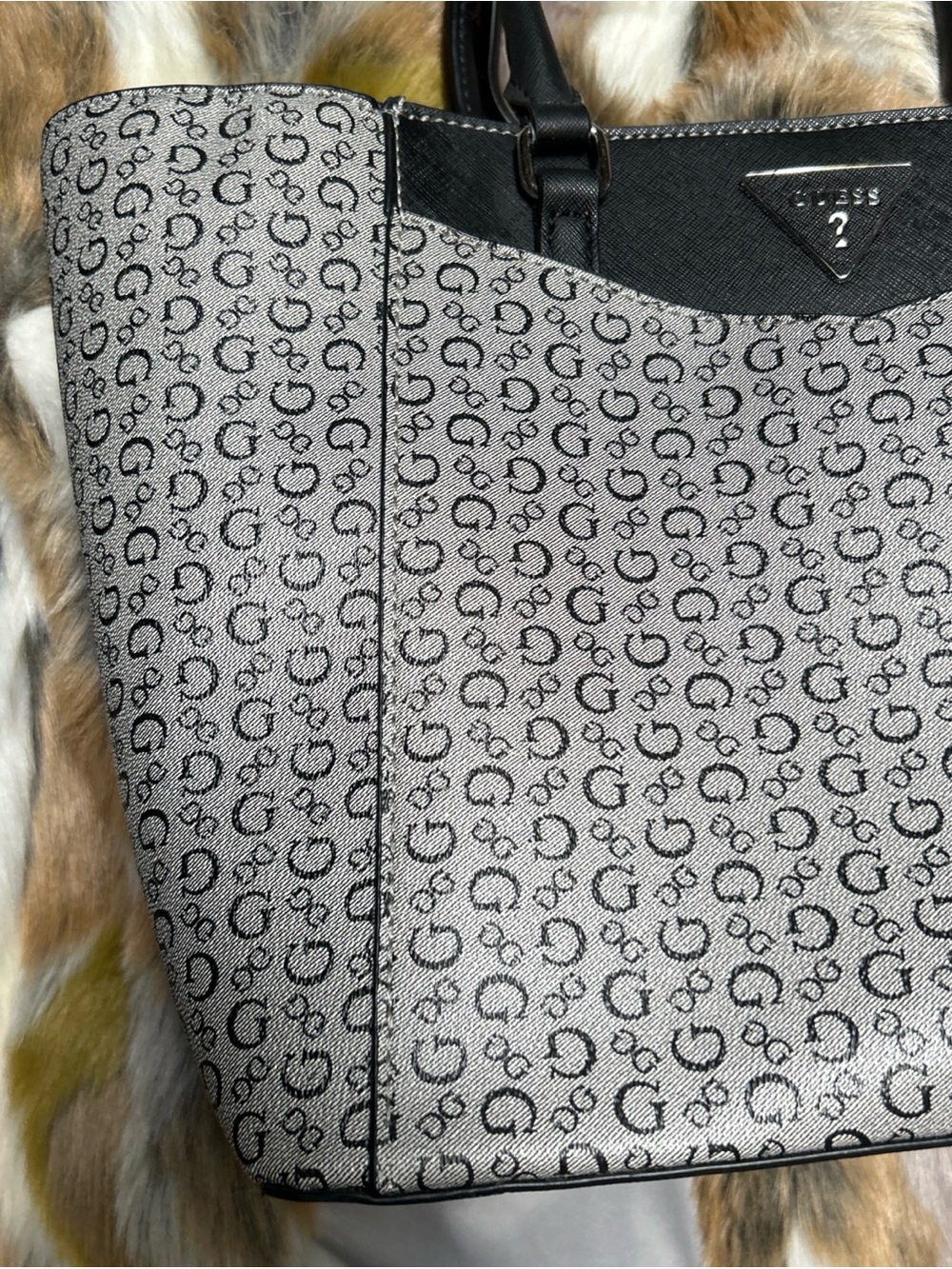 Guess Monogram Canvas Shoulder Bag in Black and Cream